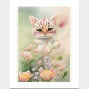 Cute Cat in the Flower Garden Soft Pastel Colors Posters and Art